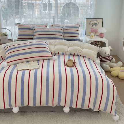 91家纺网 家纺一手货源 找家纺 （总）（买家秀 爆款不断货）A类母婴级双面牛奶绒四件套珊瑚绒四件套雪花绒四件套AB版条纹牛奶绒四件套球球