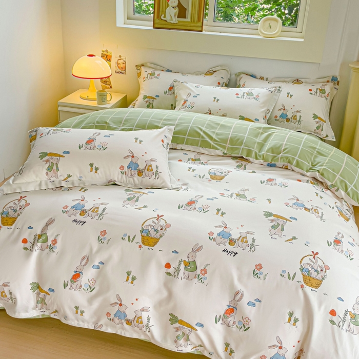 91家纺网 家纺一手货源 找家纺 2023-2024新款13070全棉好卖花型套件系列-四件套 收获满满绿格