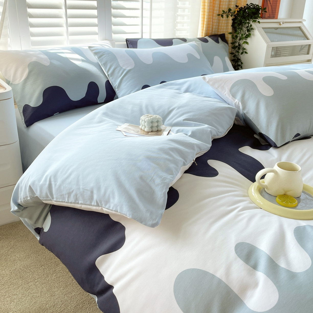 91家纺网 家纺一手货源 找家纺 2023-2024新款13070全棉好卖花型套件系列-四件套 奶油蓝