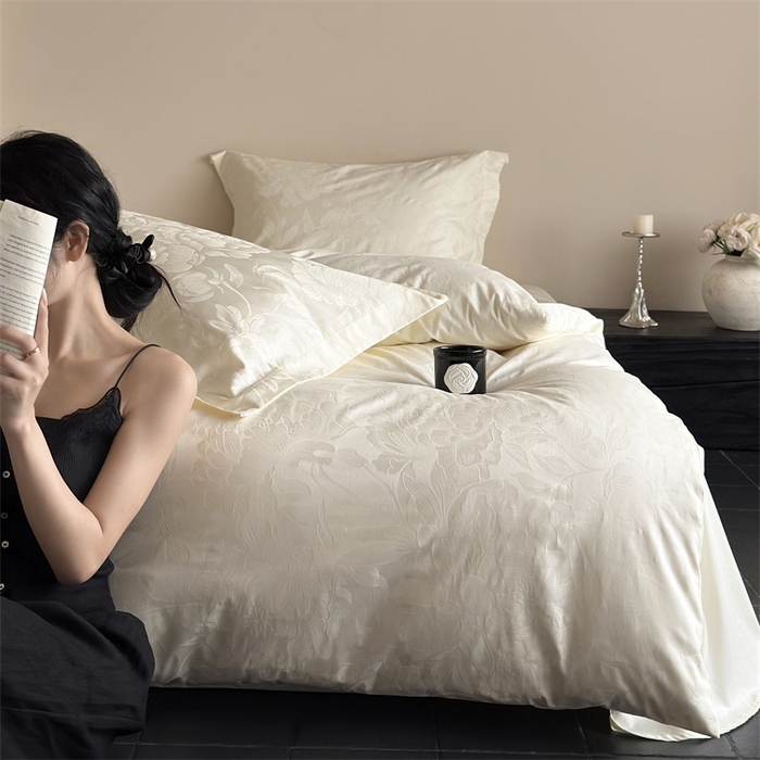 91家纺网 家纺一手货源 找家纺 鹿班家居 2025新款100S长绒棉精美提花系列四件套-玫瑰美遇（标准会员-20） 玫瑰美遇-白色