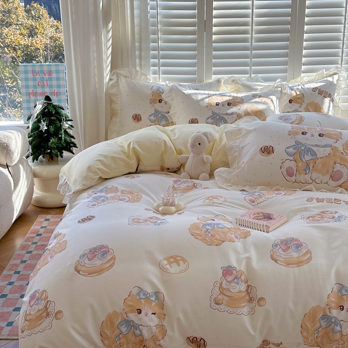 91家纺网 家纺一手货源 找家纺 2025新款洛丽塔全棉花边四件套 黄油猫咪