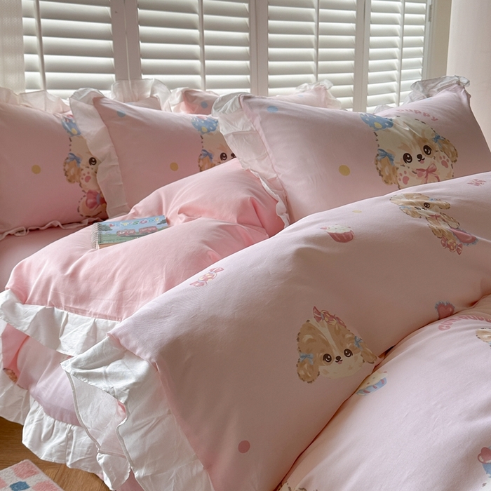 91家纺网 家纺一手货源 找家纺 2025新款洛丽塔全棉花边四件套 冰淇淋小狗