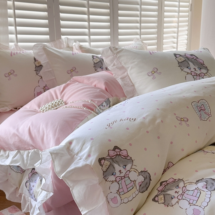 91家纺网 家纺一手货源 找家纺 2025新款洛丽塔全棉花边四件套 甜蜜喵星