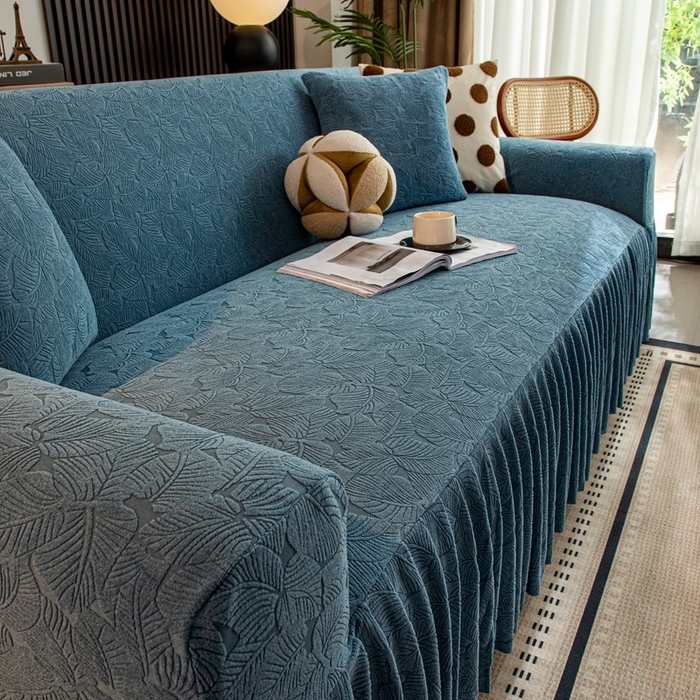 91家纺网 家纺一手货源 找家纺 沐沐家纺 2026新款小树叶裙边沙发套 孔雀蓝