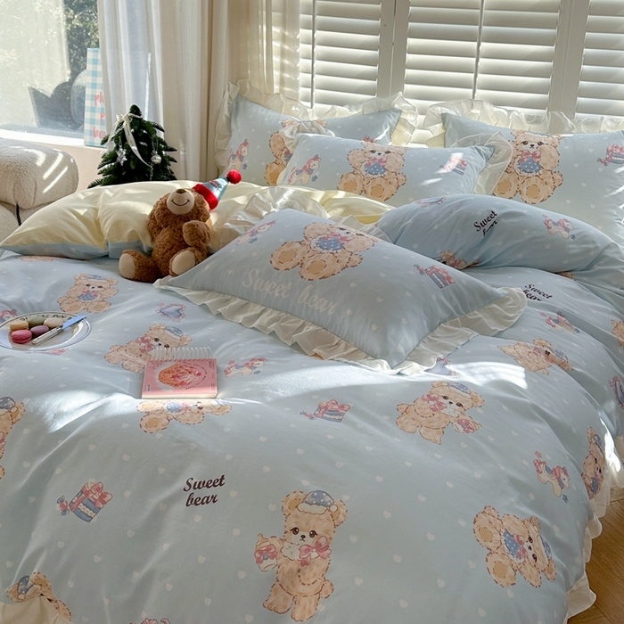 91家纺网 家纺一手货源 找家纺 2025新款洛丽塔全棉花边四件套 木马小熊