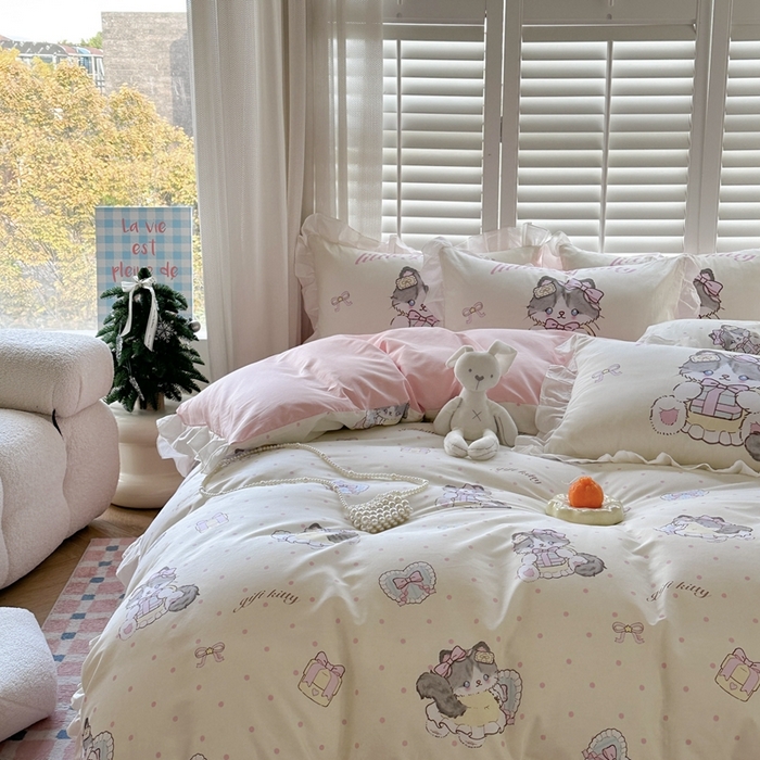 91家纺网 家纺一手货源 找家纺 2025新款洛丽塔全棉花边四件套 甜蜜喵星