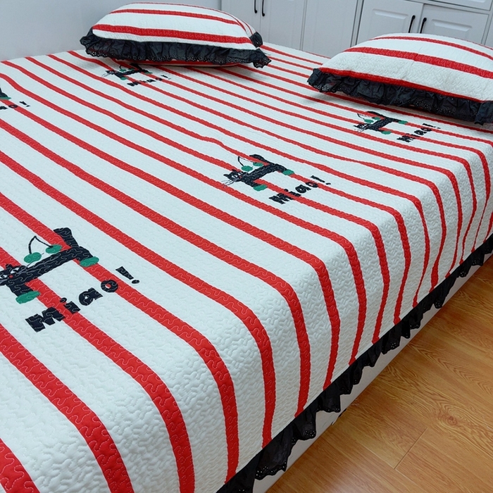 91家纺网 家纺一手货源 找家纺 暖居 2024新款纯棉绗缝夹棉榻榻米支持定制防滑全棉印花小碎花农村大炕盖三件套系列 条纹猫