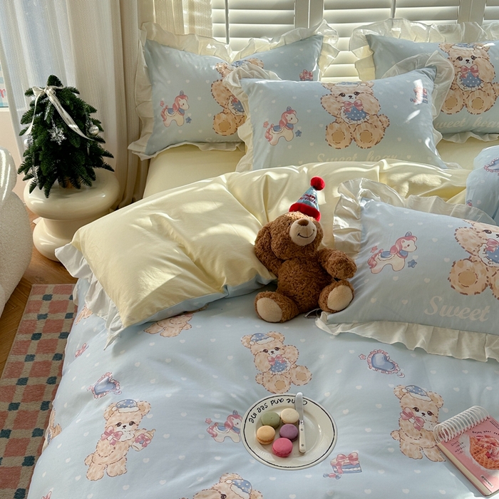 91家纺网 家纺一手货源 找家纺 2025新款洛丽塔全棉花边四件套 木马小熊