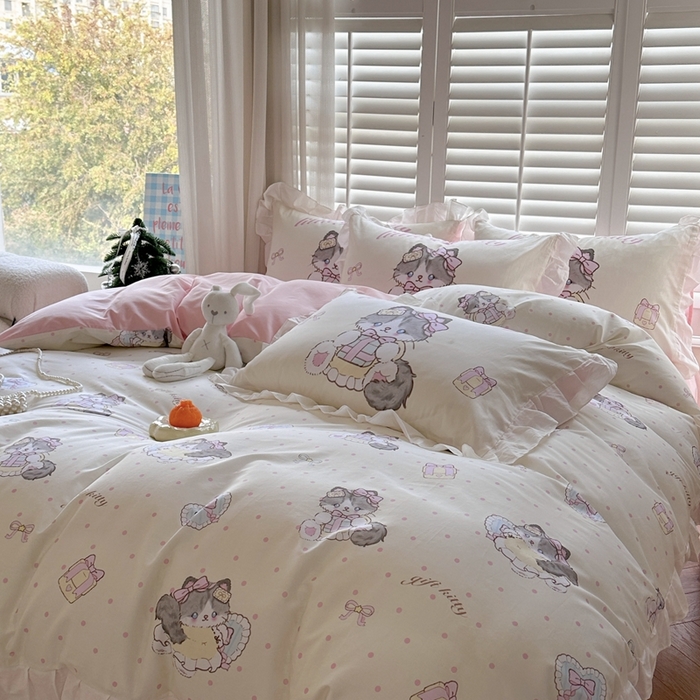 91家纺网 家纺一手货源 找家纺 2025新款洛丽塔全棉花边四件套 甜蜜喵星