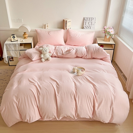 91家纺网 家纺一手货源 找家纺 妖妖家纺 2025新款水洗云朵棉纯色四件套 蜜桃粉