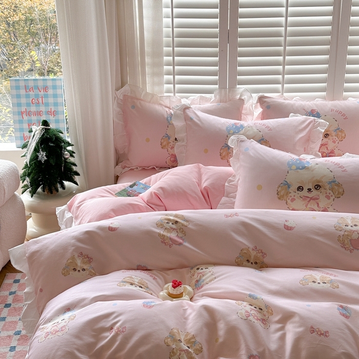 91家纺网 家纺一手货源 找家纺 2025新款洛丽塔全棉花边四件套 冰淇淋小狗