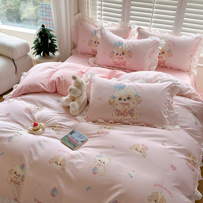 91家纺网 家纺一手货源 找家纺 2025新款洛丽塔全棉花边四件套 冰淇淋小狗