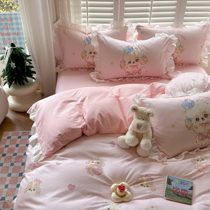 91家纺网 家纺一手货源 找家纺 2025新款洛丽塔全棉花边四件套 冰淇淋小狗