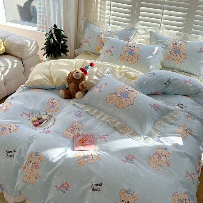 91家纺网 家纺一手货源 找家纺 2025新款洛丽塔全棉花边四件套 木马小熊