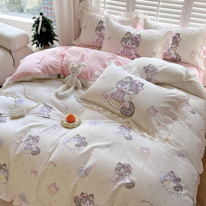 91家纺网 家纺一手货源 找家纺 2025新款洛丽塔全棉花边四件套 甜蜜喵星