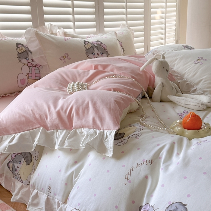 91家纺网 家纺一手货源 找家纺 2025新款洛丽塔全棉花边四件套 甜蜜喵星