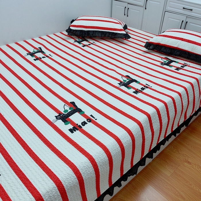 91家纺网 家纺一手货源 找家纺 暖居 2024新款纯棉绗缝夹棉榻榻米支持定制防滑全棉印花小碎花农村大炕盖三件套系列 条纹猫