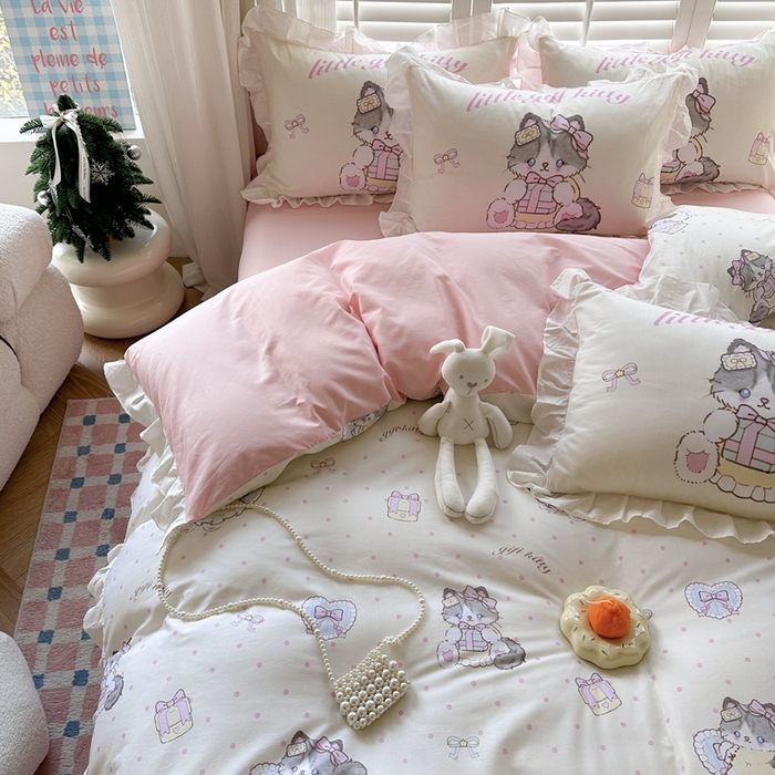 91家纺网 家纺一手货源 找家纺 2025新款洛丽塔全棉花边四件套 甜蜜喵星