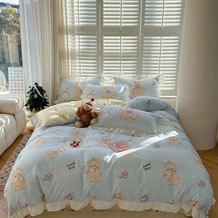 2025新款洛丽塔全棉花边四件套 木马小熊