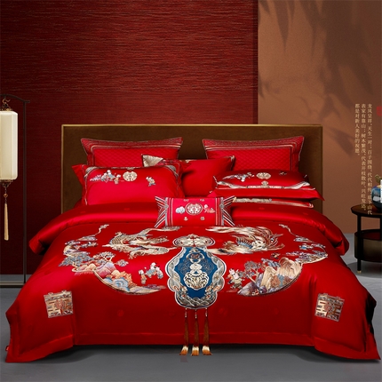 91家纺网 家纺一手货源 找家纺 高大尚婚庆馆 2025春夏新款双股长绒棉提花四件套-尊享系列 龙凤送子