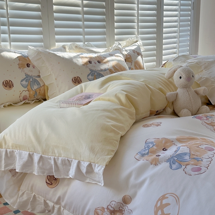 91家纺网 家纺一手货源 找家纺 2025新款洛丽塔全棉花边四件套 黄油猫咪