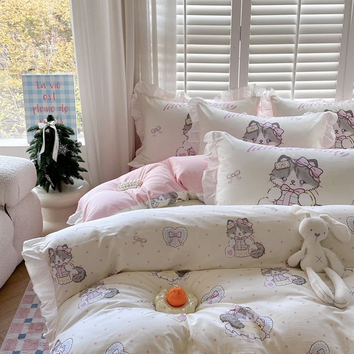 91家纺网 家纺一手货源 找家纺 2025新款洛丽塔全棉花边四件套 甜蜜喵星