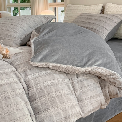 91家纺网 家纺一手货源 找家纺 （买家秀爆款不断货）A类母婴级高克重獭兔绒四件套剪花牛奶绒四件套牛奶绒剪花四件套纯色双拼兔毛绒四件套 兔绒-绅士灰