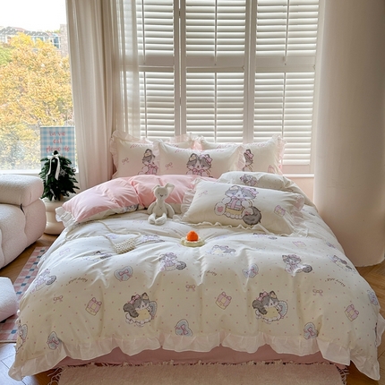 91家纺网 家纺一手货源 找家纺 2025新款洛丽塔全棉花边四件套 甜蜜喵星