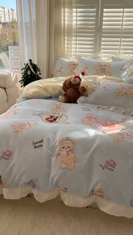 91家纺网 家纺一手货源 找家纺 2025新款洛丽塔全棉花边四件套 木马小熊