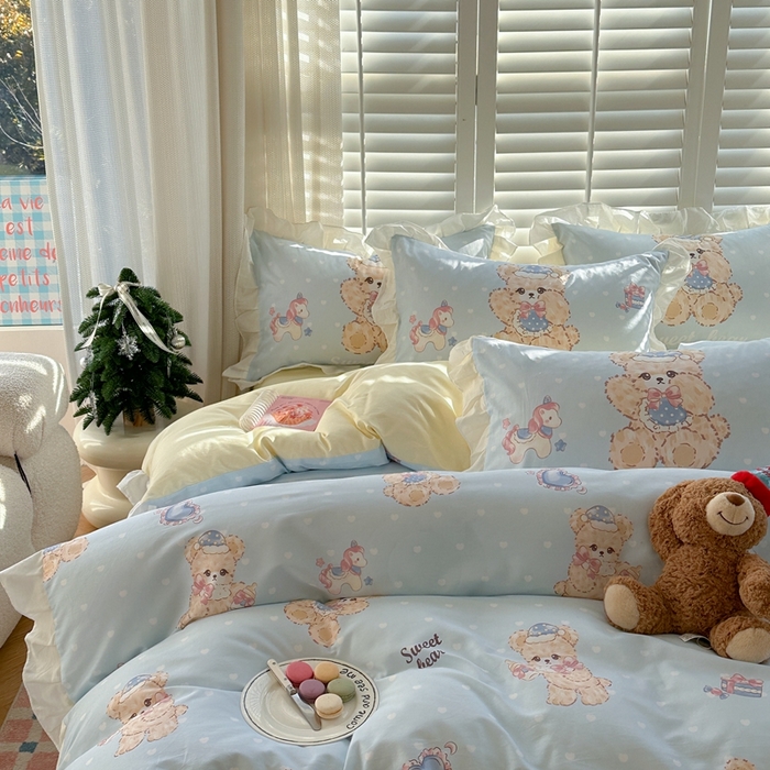 91家纺网 家纺一手货源 找家纺 2025新款洛丽塔全棉花边四件套 木马小熊