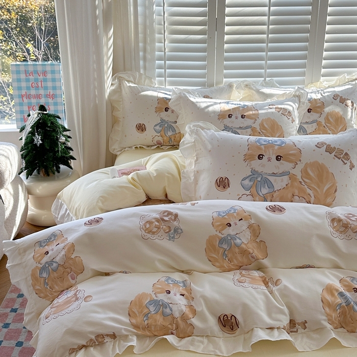 91家纺网 家纺一手货源 找家纺 2025新款洛丽塔全棉花边四件套 黄油猫咪