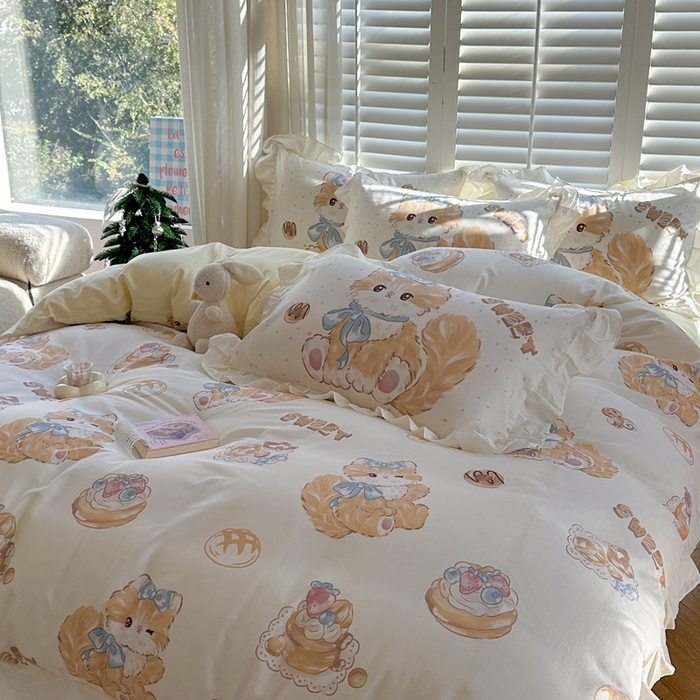 91家纺网 家纺一手货源 找家纺 2025新款洛丽塔全棉花边四件套 黄油猫咪