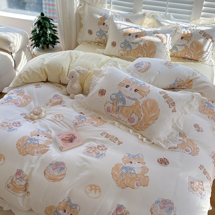 91家纺网 家纺一手货源 找家纺 2025新款洛丽塔全棉花边四件套 黄油猫咪