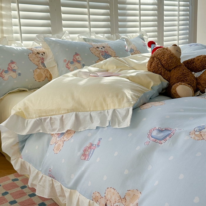 91家纺网 家纺一手货源 找家纺 2025新款洛丽塔全棉花边四件套 木马小熊