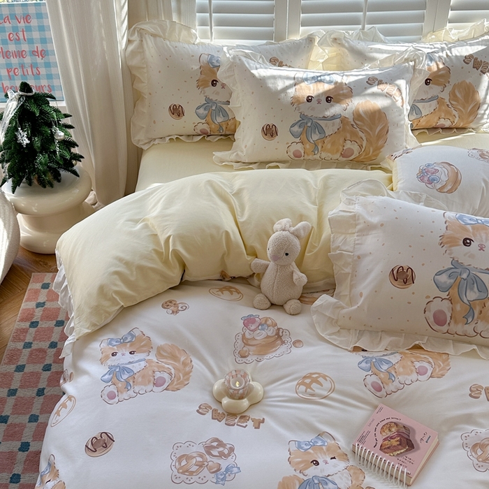 91家纺网 家纺一手货源 找家纺 2025新款洛丽塔全棉花边四件套 黄油猫咪