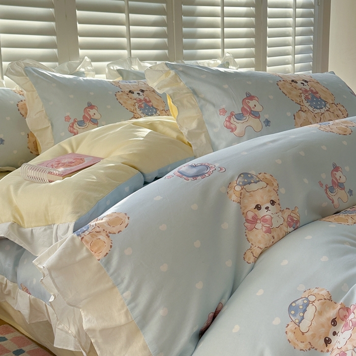 91家纺网 家纺一手货源 找家纺 2025新款洛丽塔全棉花边四件套 木马小熊