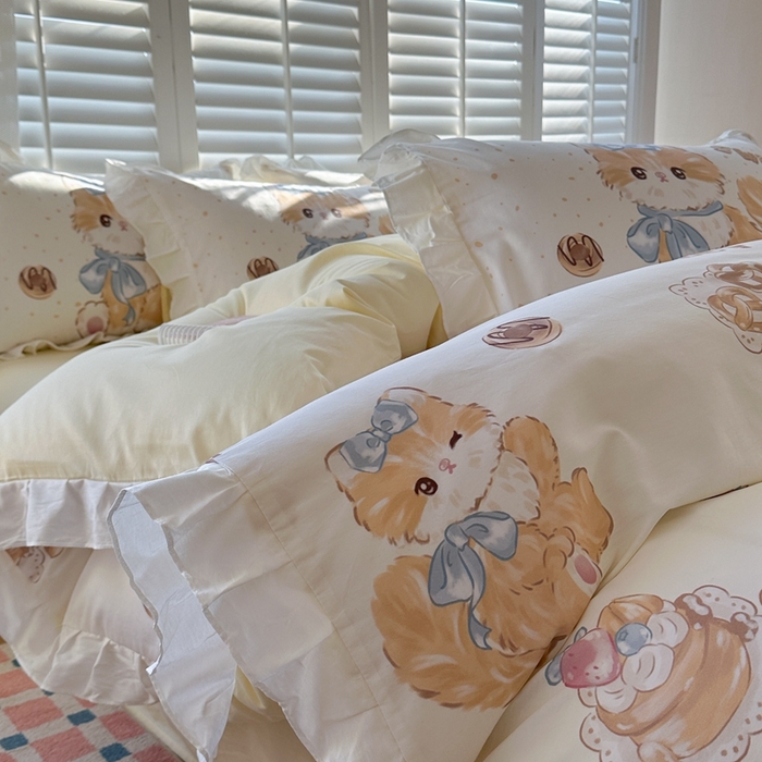 91家纺网 家纺一手货源 找家纺 2025新款洛丽塔全棉花边四件套 黄油猫咪