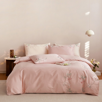 爱缦 2025新款100支新疆长绒棉刺绣四件套-时光系列 时光-芙蓉粉