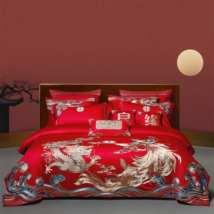 91家纺网 家纺一手货源 找家纺 高大尚婚庆馆 2025春夏新款双股长绒棉提花四件套-尊享系列 金龙瑞凤