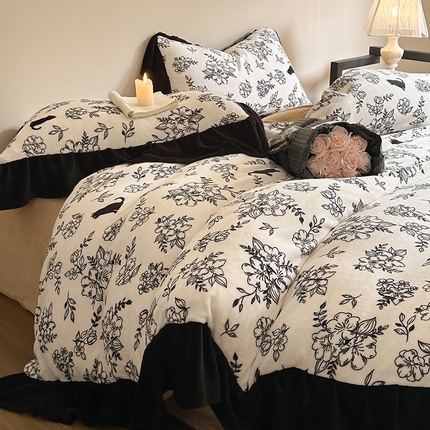 91家纺网 家纺一手货源 找家纺 （买家秀 爆款不断货）A类母婴级双面牛奶绒四件套珊瑚绒四件套雪花绒四件套AB版赫本风牛奶绒四件套花卉 法式-猫先生