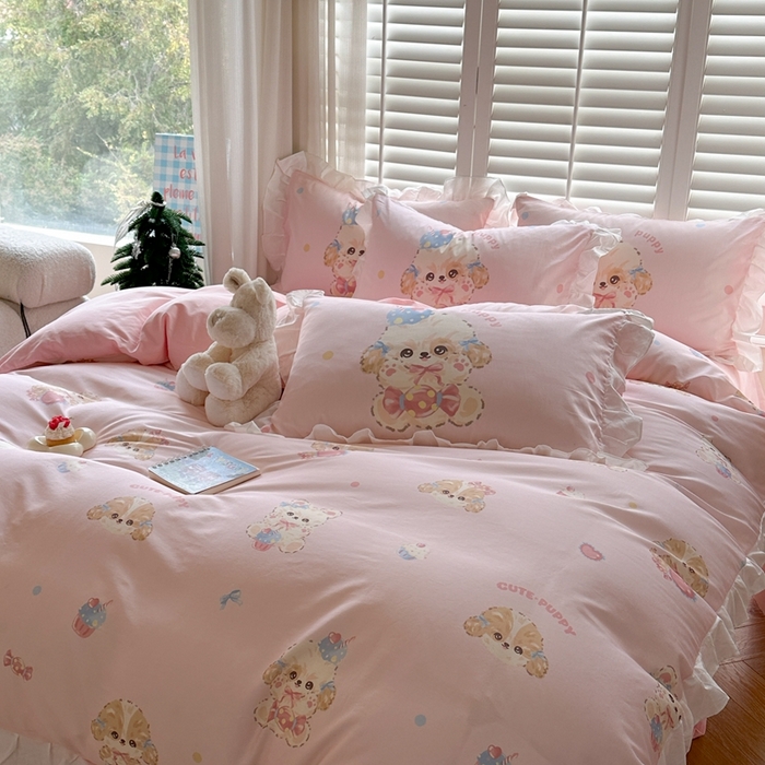 91家纺网 家纺一手货源 找家纺 2025新款洛丽塔全棉花边四件套 冰淇淋小狗