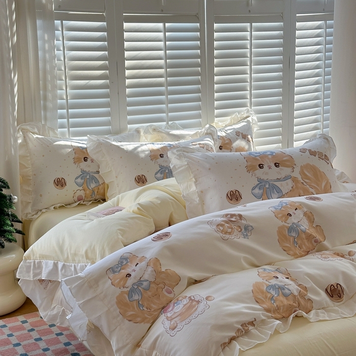 91家纺网 家纺一手货源 找家纺 2025新款洛丽塔全棉花边四件套 黄油猫咪