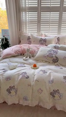 91家纺网 家纺一手货源 找家纺 2025新款洛丽塔全棉花边四件套 甜蜜喵星