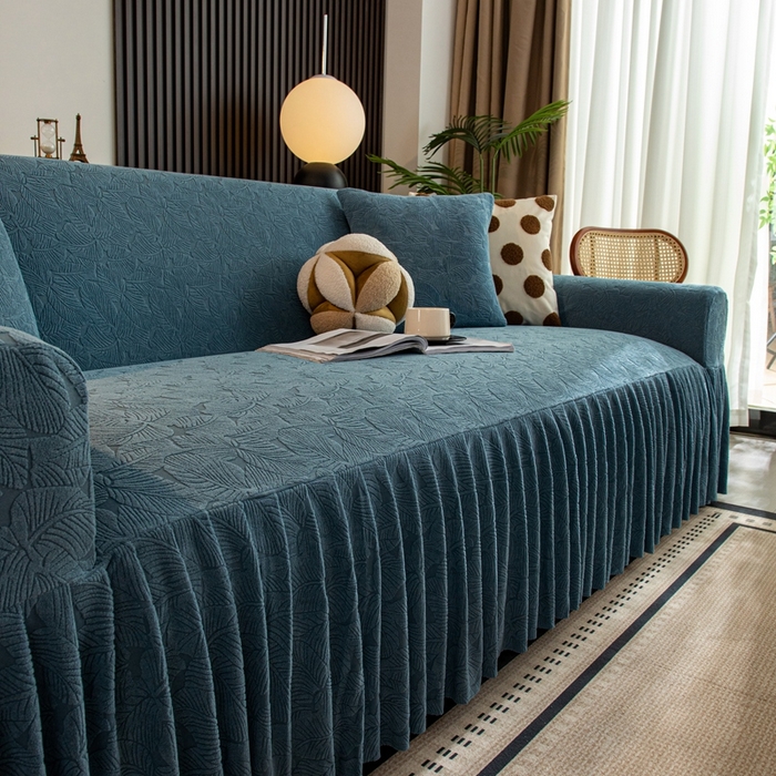 91家纺网 家纺一手货源 找家纺 沐沐家纺 2026新款小树叶裙边沙发套 孔雀蓝