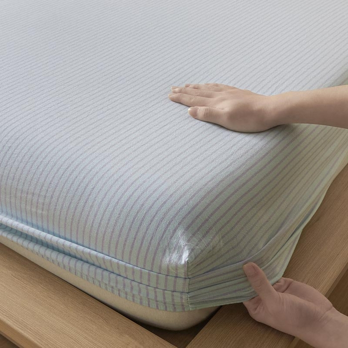 91家纺网 家纺一手货源 找家纺 ab家纺 2025新款简约色织水洗棉床笠 余晖-蓝紫