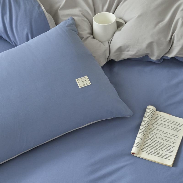 91家纺网 家纺一手货源 找家纺 ab家纺 2025新款色织全棉40支水洗棉四件套--双拼第二组 宾利蓝浅灰