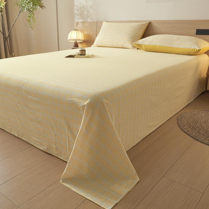 91家纺网 家纺一手货源 找家纺 ab家纺 2025新款简约色织水洗棉床单 芙卡格-黄