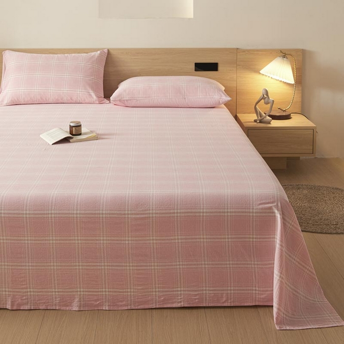 91家纺网 家纺一手货源 找家纺 ab家纺 2025新款简约色织水洗棉床单 希格文-粉