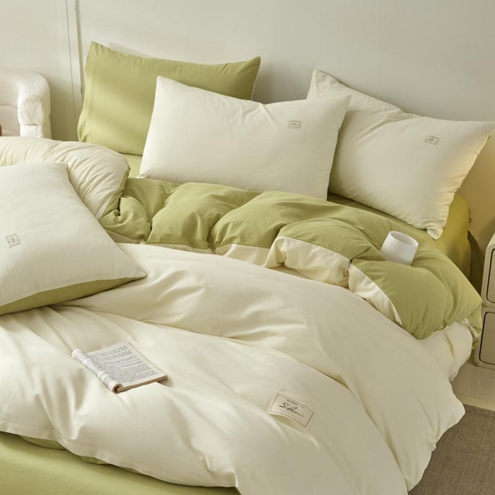 91家纺网 家纺一手货源 找家纺 ab家纺 2025新款色织全棉40支水洗棉四件套--双拼第二组 杏黄橄榄绿