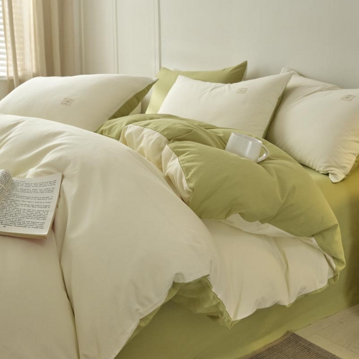 91家纺网 家纺一手货源 找家纺 ab家纺 2025新款色织全棉40支水洗棉四件套--双拼第二组 杏黄橄榄绿